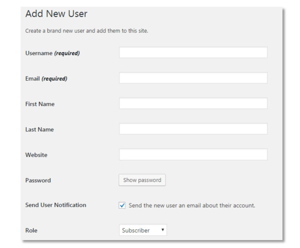 Cách phân quyền trong WordPress và top 5 plugin phân quyền 2 Giao diện hiển thị khi thêm người dùng mới (add new user)
