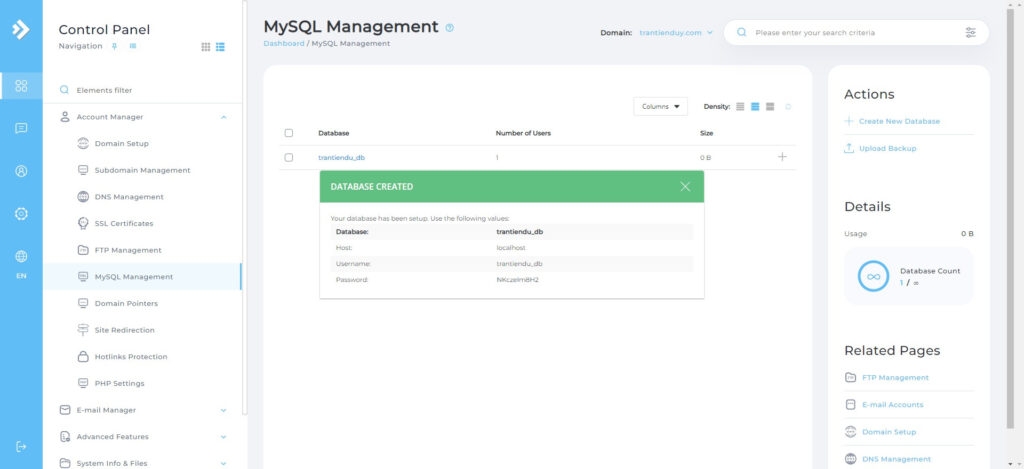 Cách Kết Nối Hosting Với Domain (Trỏ Domain về hosting) 5 Database created