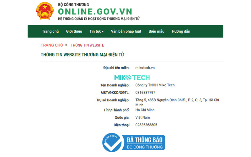 Quy trình Đăng ký website với Bộ Công Thương chi tiết Mới Nhất 3 Kết quả hiển thị sau khi nhấp chọn vào logo "Đã thông báo Bộ Công thương" của Miko Tech